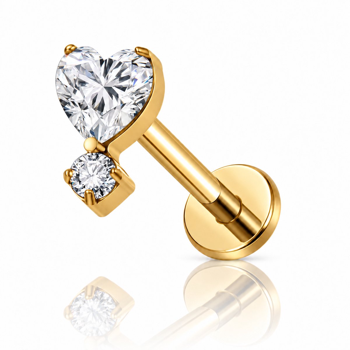 Maevi® Piercing voor Oor - Kleur: Goud - Formaat: 1.2 x 8 MM - Tragus / Kraakbeen / Helix / Conch - Oorpiercing - 18K Goldplated / Titanium - Hoge Kwaliteit - Labret - Luxe Sieraad - Oorbellen - Hart / Love / Heart - Incl. Luxe Verpakking