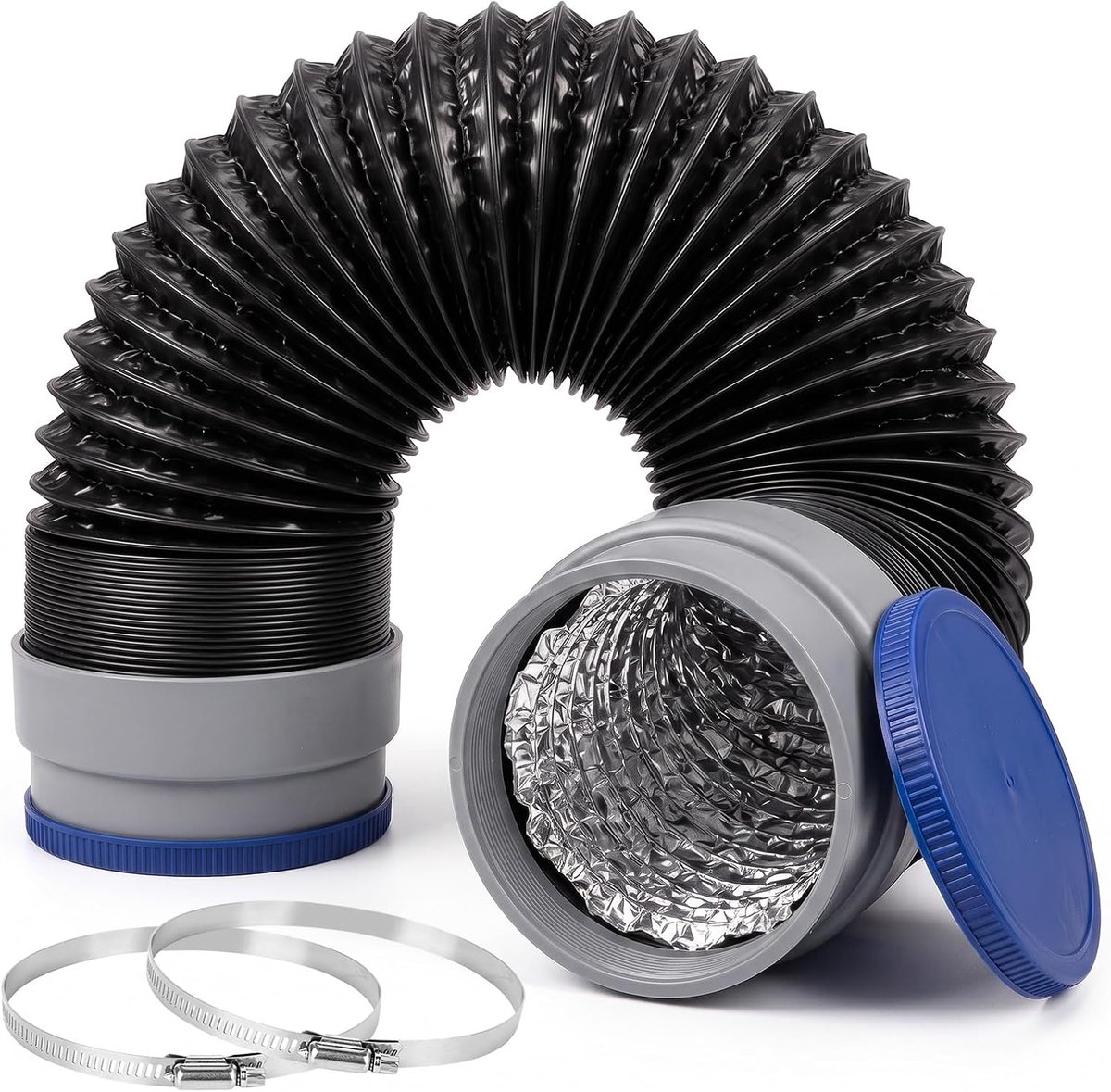 100 mm, 5 m, met 2 roestvrijstalen slangklemmen, flexibele pvc-aluminium ventilatieslang voor airconditioning, wasdroger, afzuigkap en staande verwarming, op maat te snijden, 4-laags (5 m