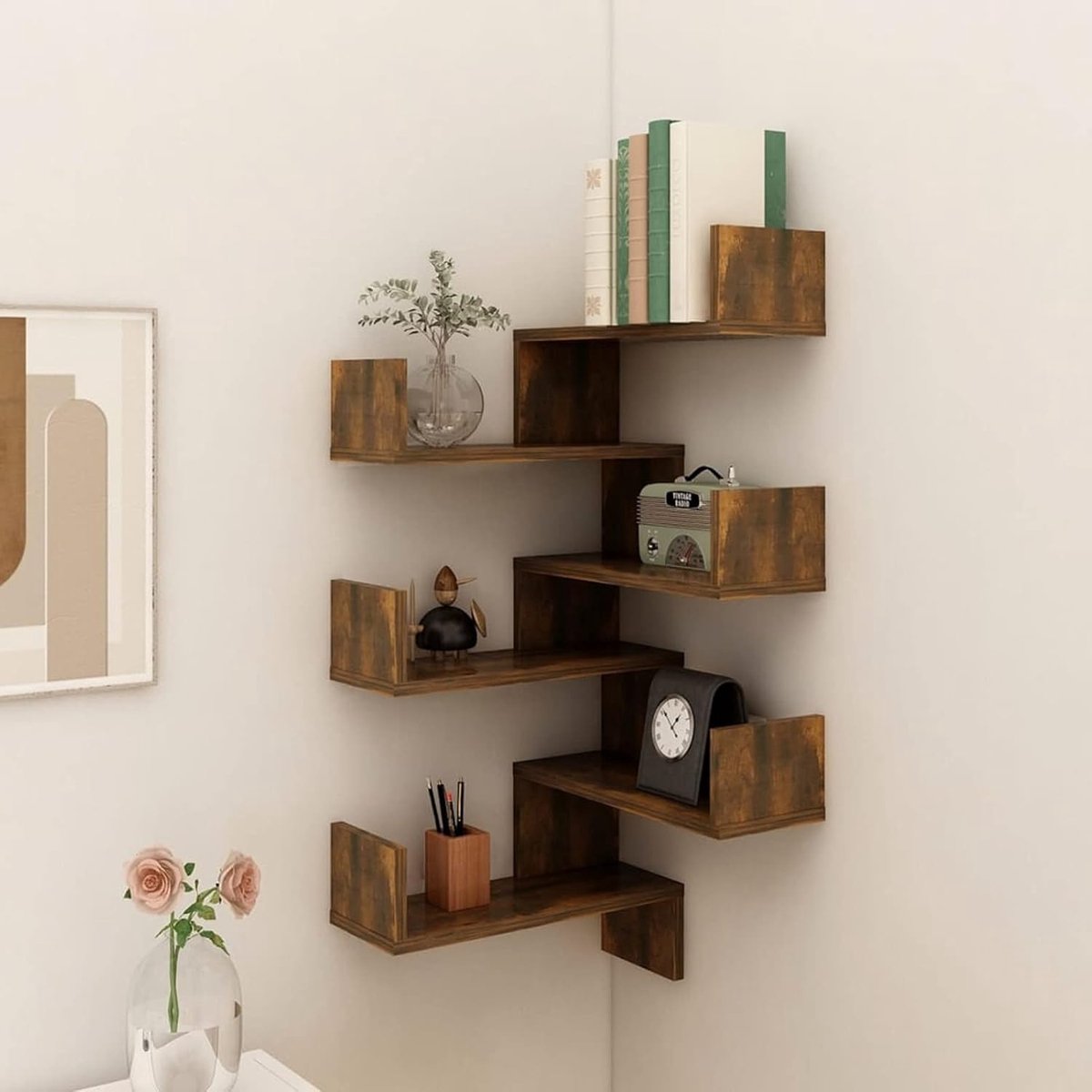 2 STK. Wandhoekrek, hangrek, zwevend rek, wandrek, decoratief rek, boekenkast, zwevend wandmontage, display, organizer, rek, rookeiken, 40 x 40 x 50 cm, houtmateriaal