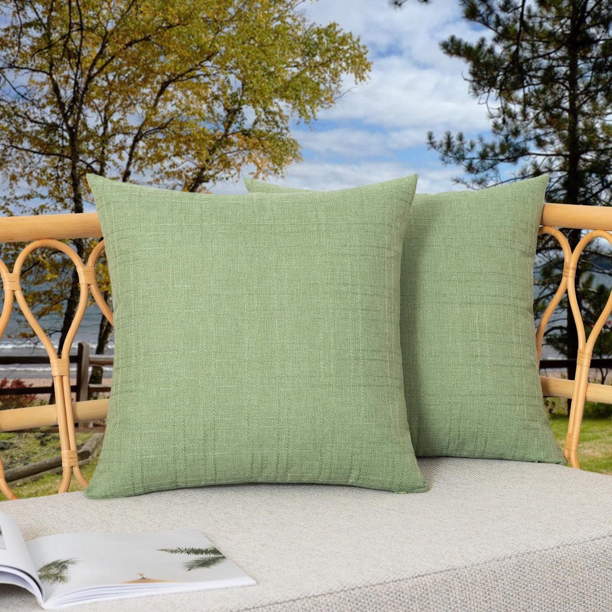 Textiel, set van 2 waterdichte kussenslopen voor buiten, decoratieve boerderij, kussenslopen, lente, geruite bankkussens, lente voor terras, tent, bed, woonkamer, 40 x 40 cm, saliegroen
