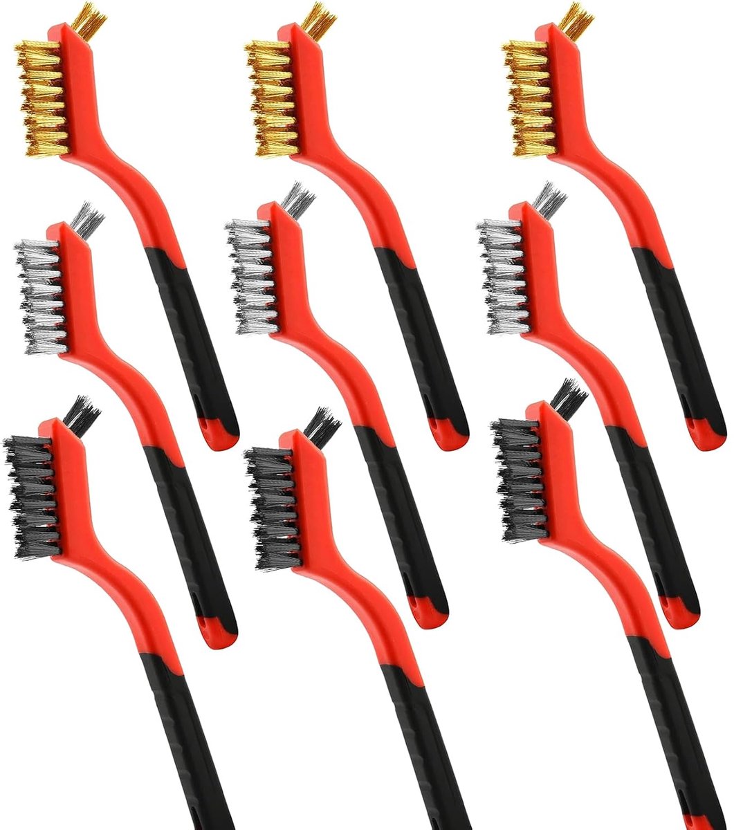 9 stuks metalen schrobber - nylon/messing/roestvrijstalen borstelharen met gebogen handvat voor het reinigen van roestverwijdering, vuil, verfschrobben met diepe reiniging - 17,5 cm