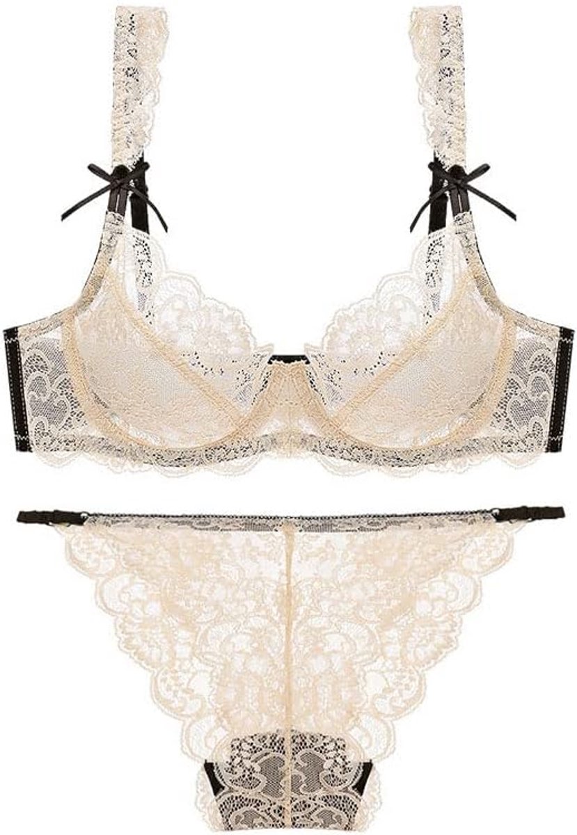 Sexy BH En Panty Set Transparante Dunne Kant Holle Brassiere, Beige, 75C