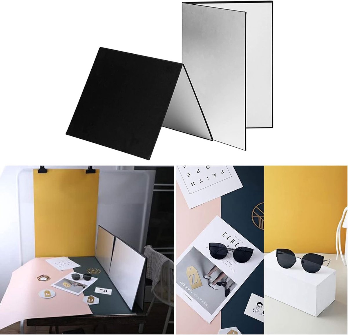 Wit, Zilveren 3-in-1 Fotografie Reflectorbord A4 Grootte voor Stilleven Food Foto-opnamen, Opvouwbaar Ontwerp met Lichtgewicht en Draagbaar Kartonnen Materiaal, Compacte
