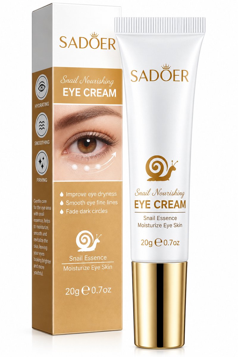 SADOER Oogcrème met Slakkenextract 20 g | Hydraterende Oogverzorging | Oogcrème voor Donkere Kringen, Wallen & Fijne Lijntjes | Slakken Essence | Hyaluronzuur | Niacinamide | Collageen | Verzorgende Oogcrème | Alle Huidtypen | Unisex