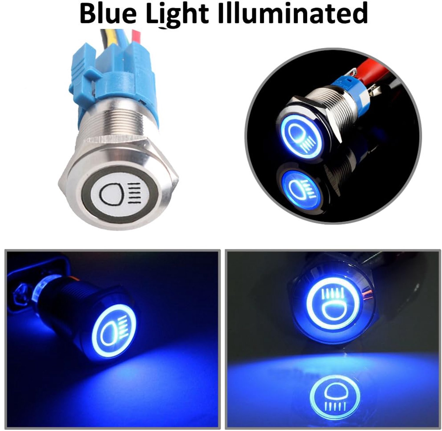 ETOPARS Stainless Steel 19mm Push Button Switch 12V 5A Rocker Switch Car Waterproof Metal Rocker Switch 1NO 1NC Plug Cable Blue Light Head Headlight