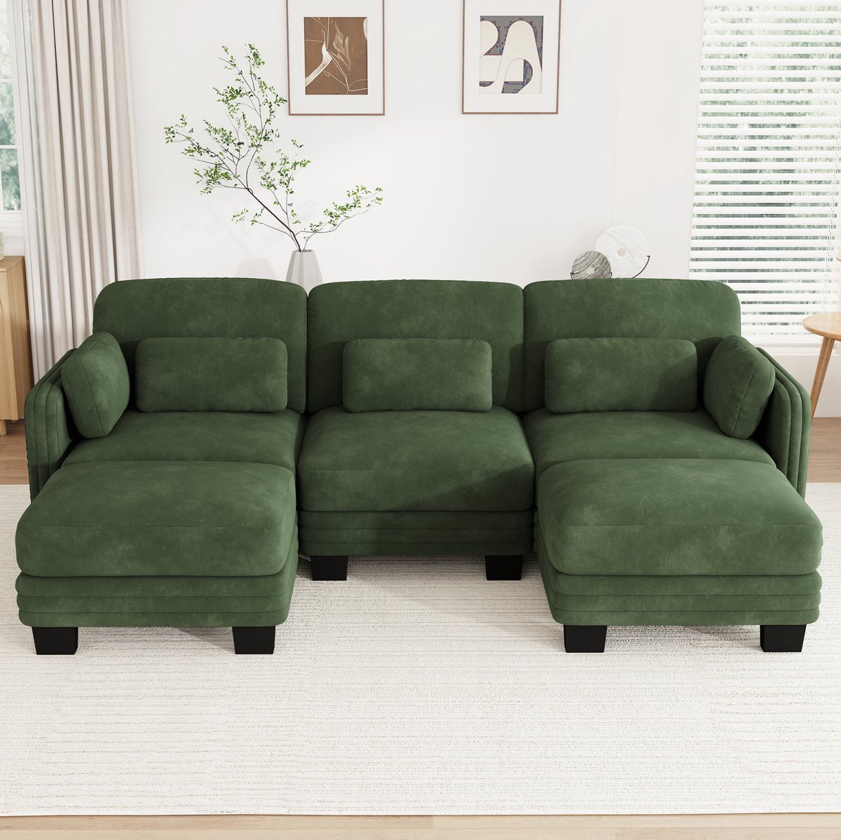 REDOM U-bank - 3-zits modulair ontwerp - Verplaatsbare lenden- en armkussens - Chenille - Woonkamer - Groen - 253 x 143 x 88 cm