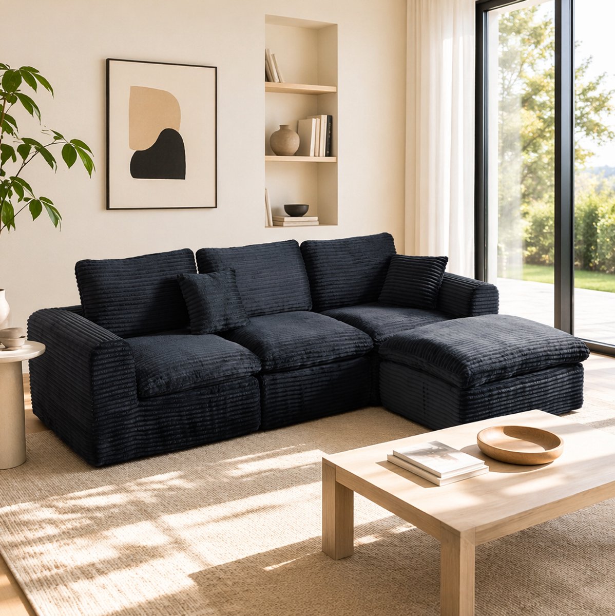 HAUSS SPOLE Modulaire Hoekbank - 3-Zits Met 3 Modules - L-Vorm, Rechte Bank Of Tijdelijk Bed - Voor Woonkamer, Slaapkamer Of Studio - Ribstof Zwart Blauw