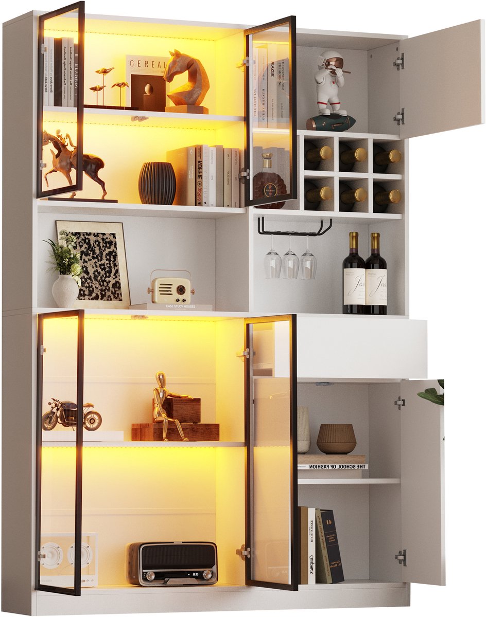 Vitrinekast Met Glazen Deuren - 17 Opbergvakken, 7 Deuren En Lade - Witte Vitrinekast Met LED Voor Woonkamer - Spaanplaat - 140 x 30 x 200 cm