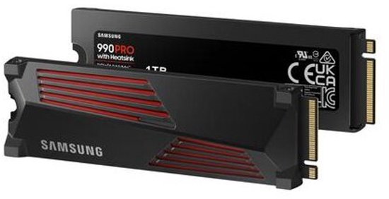 Samsung 990 PRO SSD met heatsink, 1TB, zwart met rode accenten.