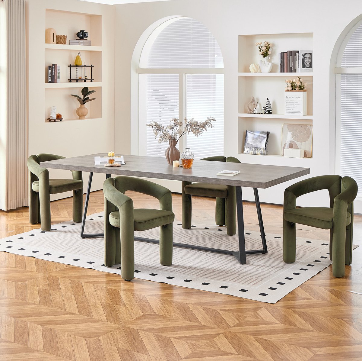 OKWISH Eetkamerstoel - Set Van 2 - Groen - Velvet - Met Armleuningen En Gebogen Rugleuning Green