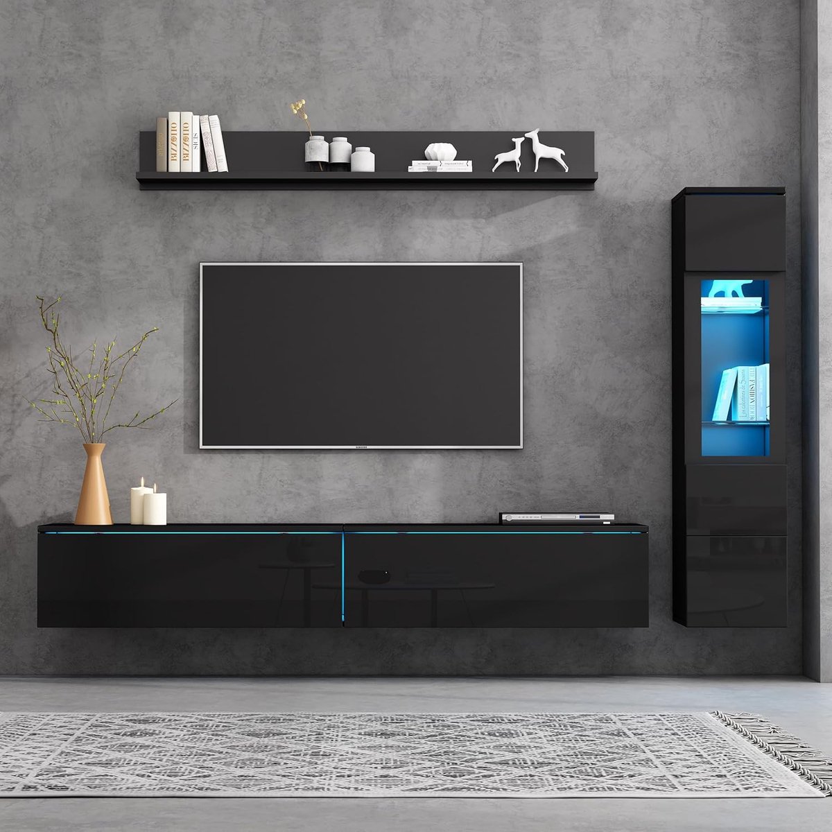 TV-meubelset 180x33x130 cm, 3-delige woonwand met LED-verlichting, hoogglanzend zwart, inclusief tv-meubel, vitrinekast en hangrek, geschikt voor tv's tot 80 inch - Industrohome
