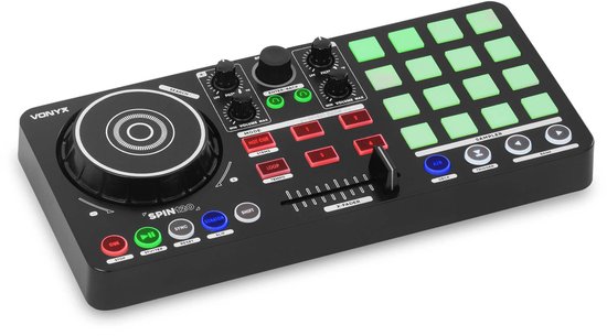 Zwarte DJ-controller met draaitafel, 16 groene pads, rode en blauwe knoppen en faders.