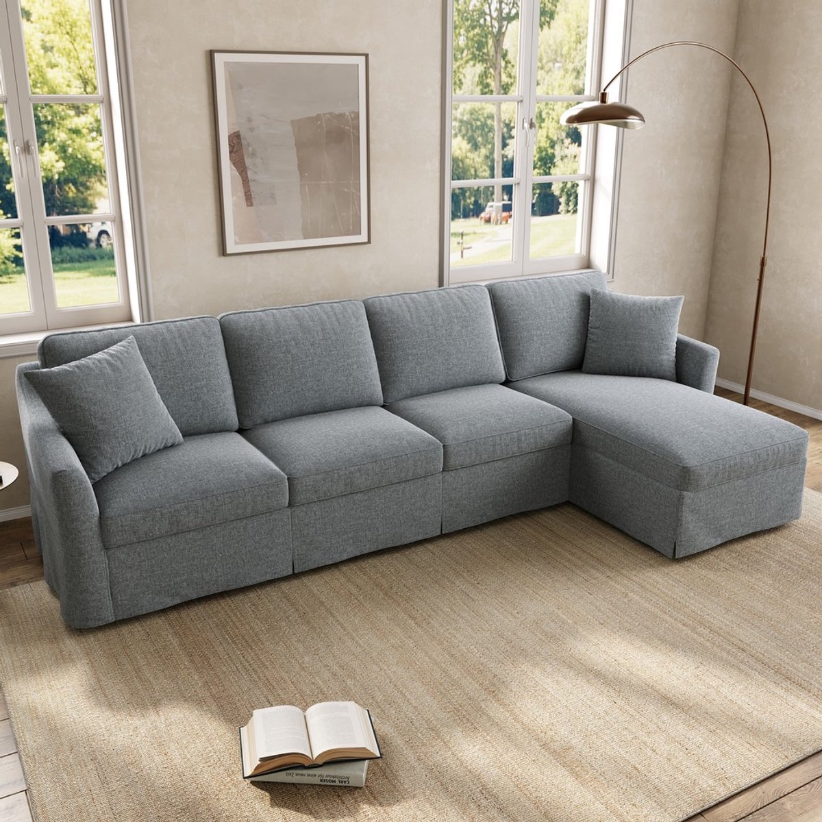 Pugsdrly L-vormige hoekbank met opbergruimte en chaise longue, afneembare en wasbare katoen-linnen bekleding, 4-zits stoffen bank voor de woonkamer, grijs, 274 × 128,5 × 83 cm