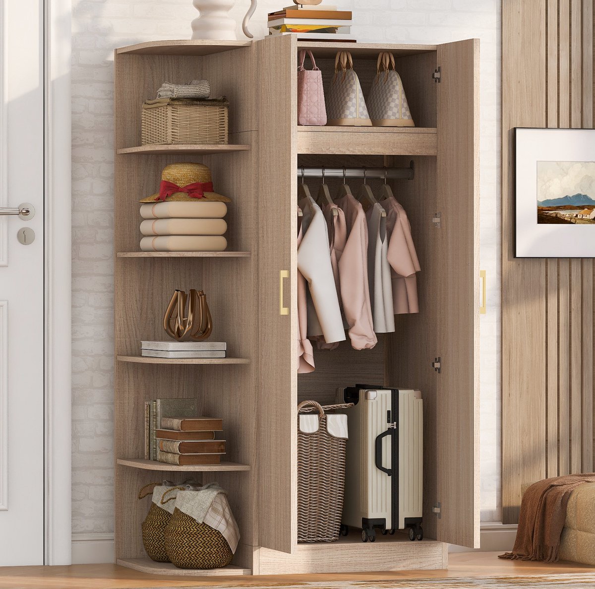 HAUSS SPOLE Kledingkast - Dubbele Deuren Met Open Vakken En Hangruimte - Voor Slaapkamer En Kantoor - MDF - 90x55x170 Cm - Houtkleur