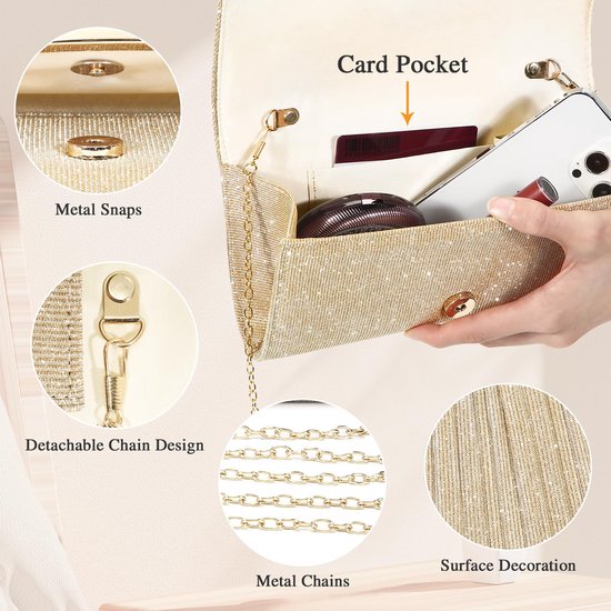 Details van de gouden glitter clutch: metalen drukknoopjes, afneembare ketting, metalen ketting en oppervlakdecoratie.