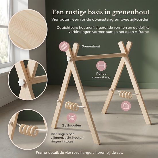 Houten babygym - Grenenhouten speelboog - 4 hangspeeltjes met roze details - 8 houten zijringen - Inklapbaar frame - 58 cm breed - 60 cm hoog - Naturel - Stevige & Veilige Constructie van Hou-Stimuleert motorische vaardigheden-voor Baby van 6 maanden — afbeelding 4