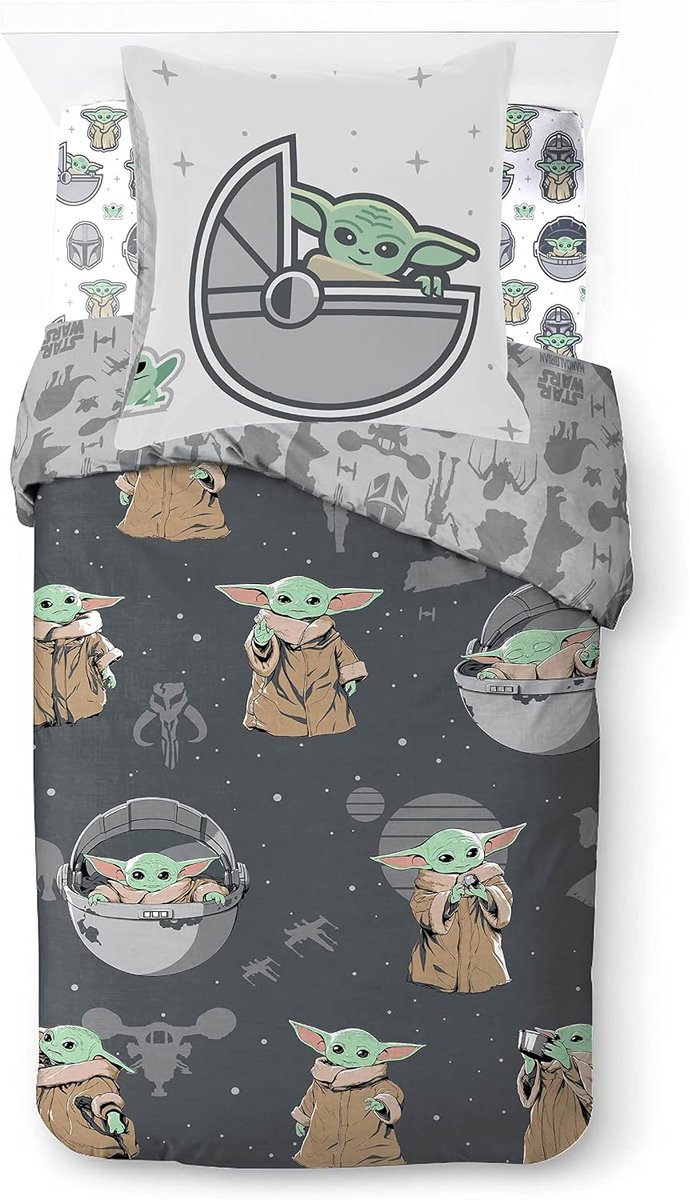 Franco Star Wars Mandalorian Kinderbeddengoed, 140 x 200 cm, 100% katoen, eenpersoonsbed, incl. dekbedovertrek, hoeslaken en kussensloop 65 x 65 cm, geschikt voor bedden van 90 x 190 cm tot 90 x 200 cm