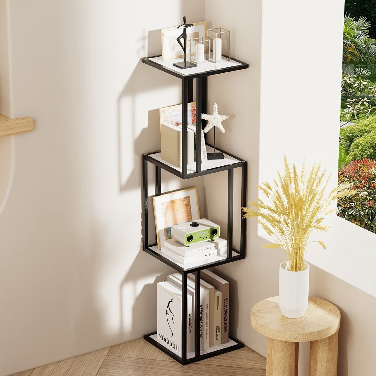 4-laags verticaal opbergrek, staande boekenplanken, plantenstandaards, smalle zelfstandige, open opbergunits, Marmer, 123 cm H x 30 cm B