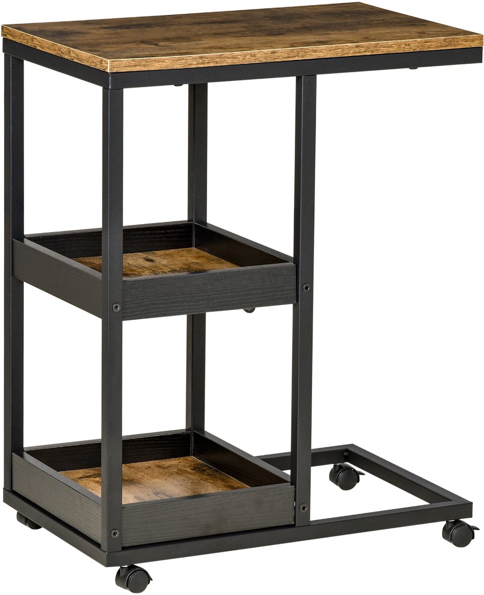 Homona Bijzettafel in industriële stijl - C-vormig met wielen en 2 opbergplanken - 51 x 33 x 66 cm - Bruin/Zwart