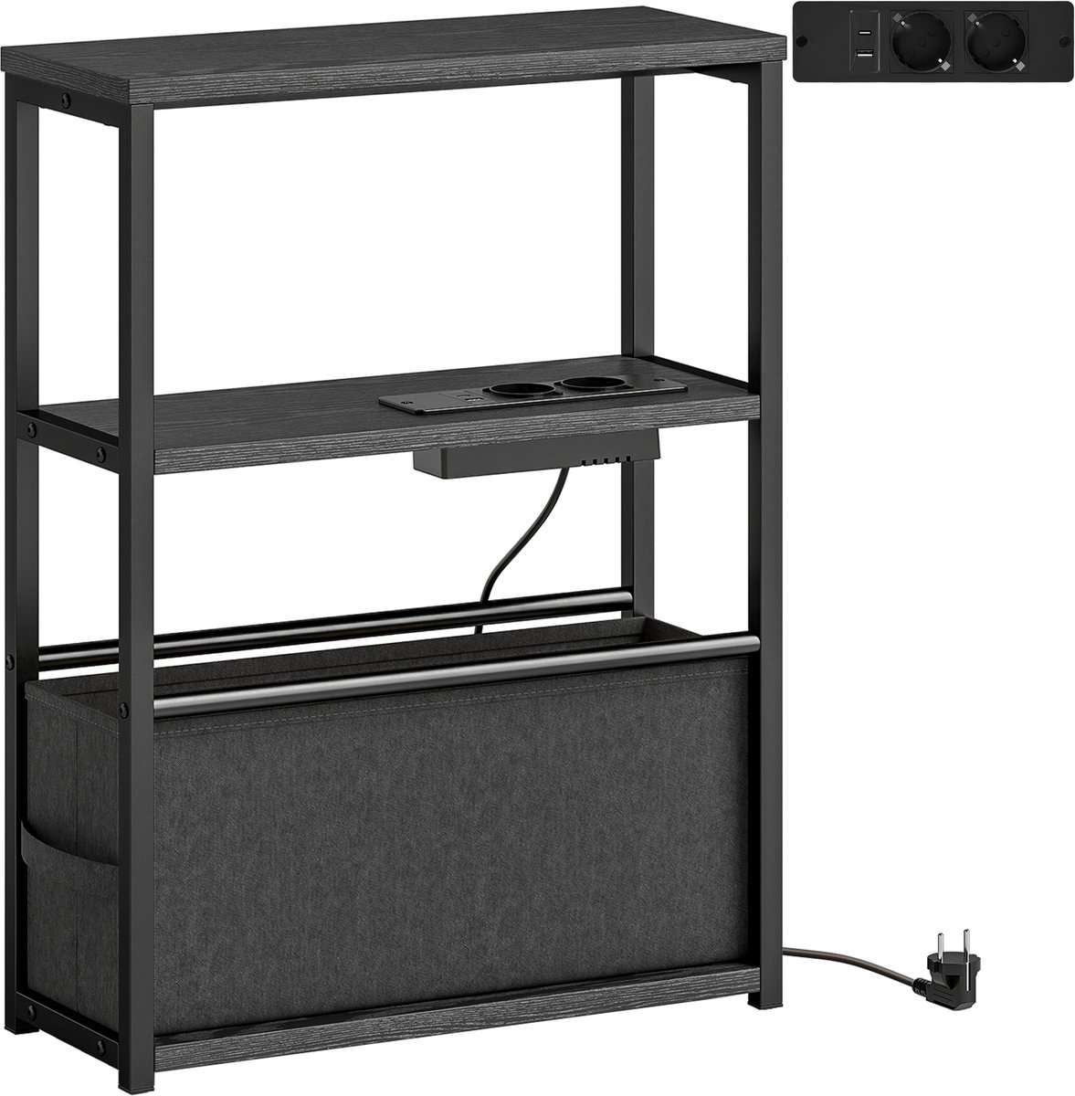 Homona Bijzettafel - Met oplaadstation, USB- en Type-C-poort - Met stoffen lade - 45 x 18 x 60,2 cm - Zwart