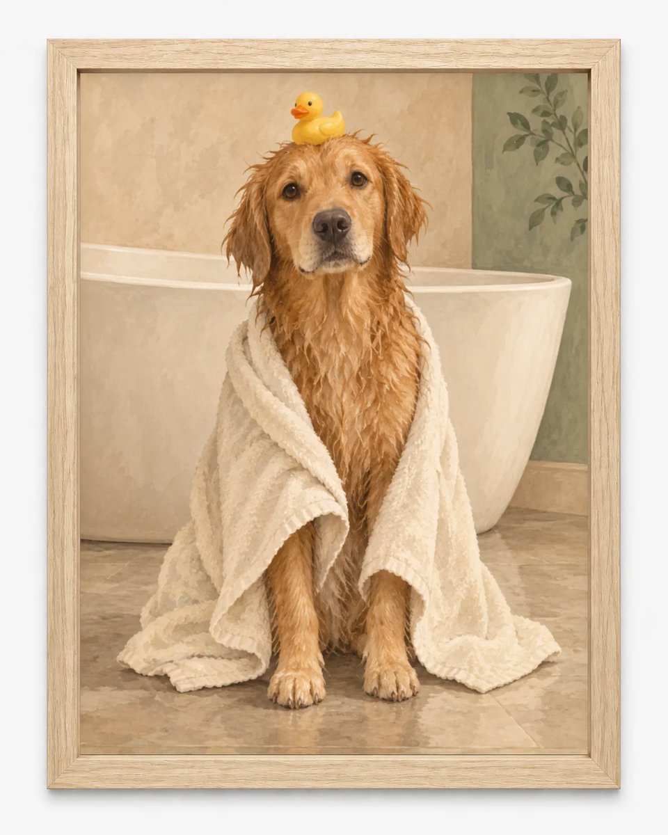 Golden Retriever Poster | Hond in de Badkamer | Inclusief Lichtbruine A3 Lijst