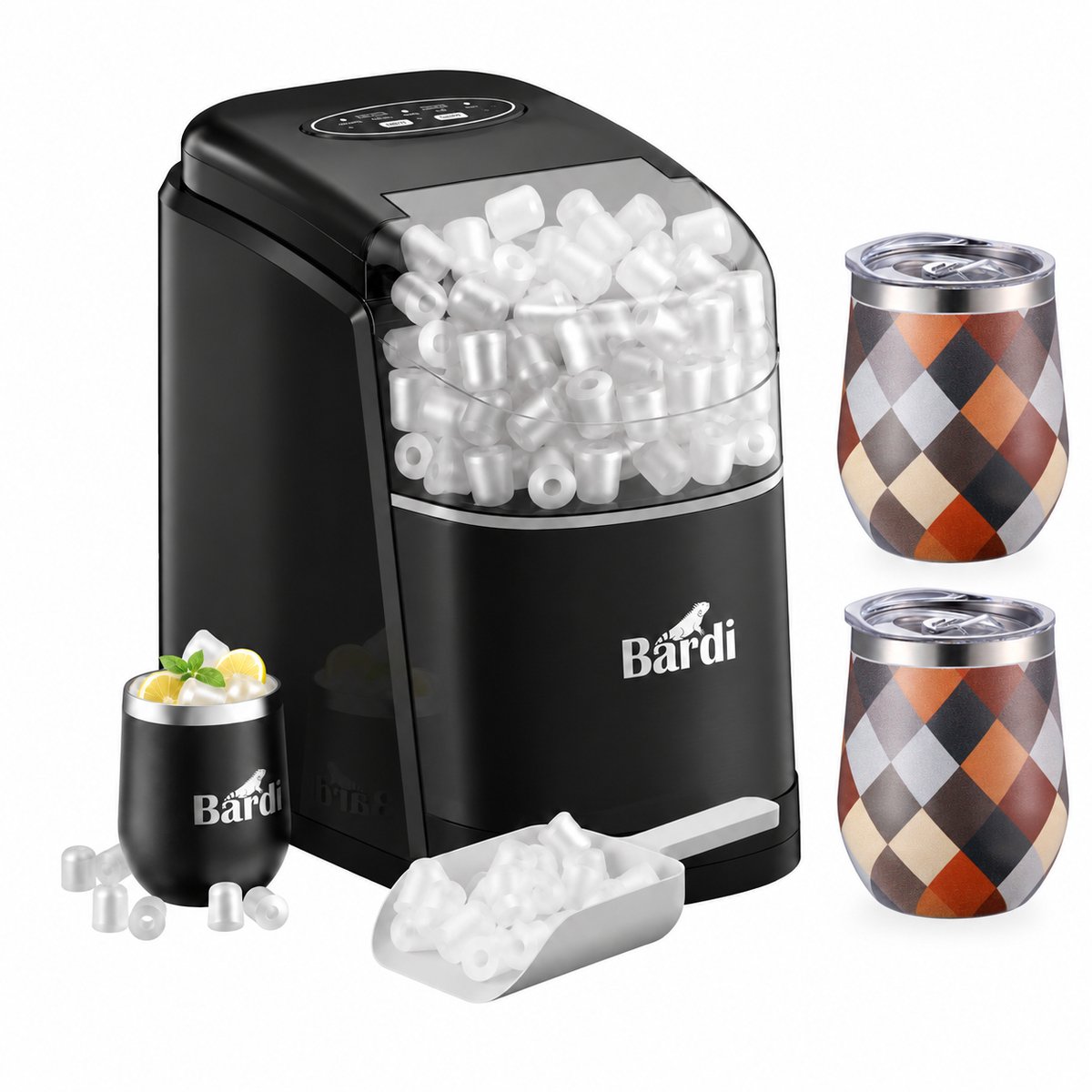 Bardi IJsblokjesmachine Set - 1.6L Zwart - Zelfreinigingsfunctie - IJsblokmaker met IJsschep -met IJsschep - Inclusief Luxe 3 Thermosbekers en Ijsschep- Blok