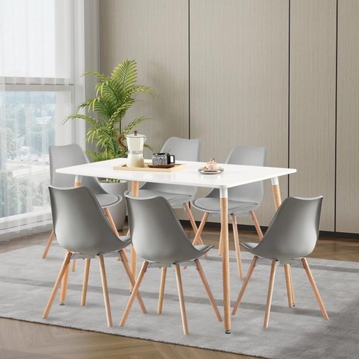 Eethoekset - 6 stoelen - Witte rechthoekige tafel - grijze stoelen - MDF-tafelblad - Beukenhouten poten - Kunstleren zitting - Voor keuken en eetkamer