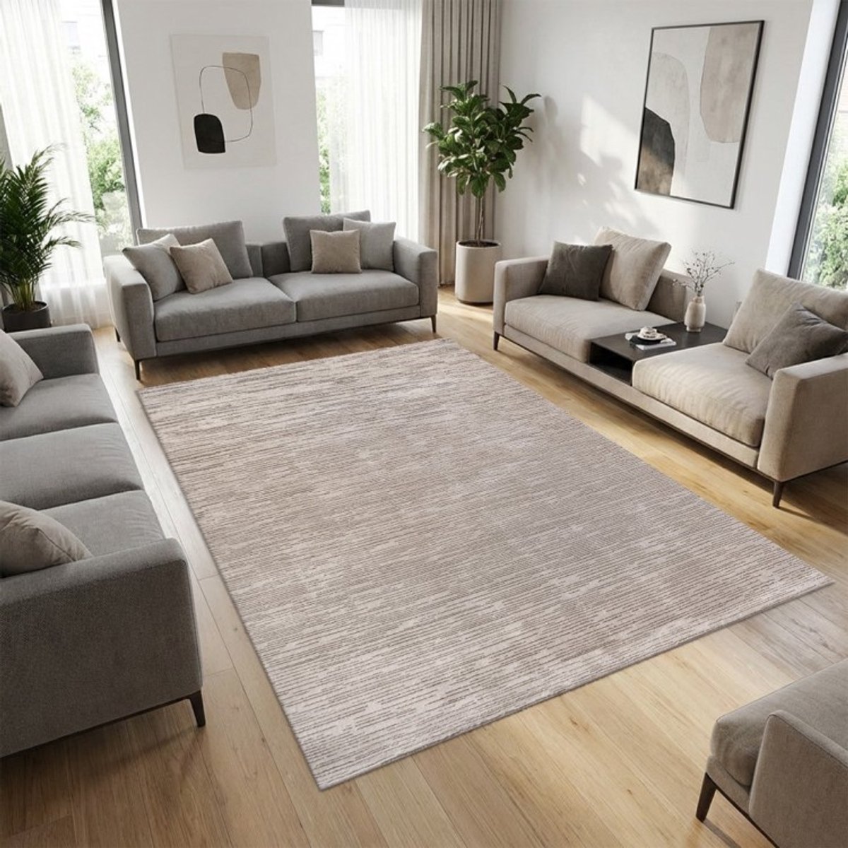 TapisTrend Designer tapijt Beige Modern vloerkleed met fijne horizontale reliëflijnen, wasbaar, voor woonkamer en slaapkamer