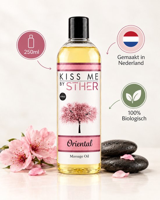 250ml 'Oriental' massageolie van Sther, gemaakt in Nederland. Biologisch met een afbeelding van een bloeiende kersenboom, bloemen en stenen.