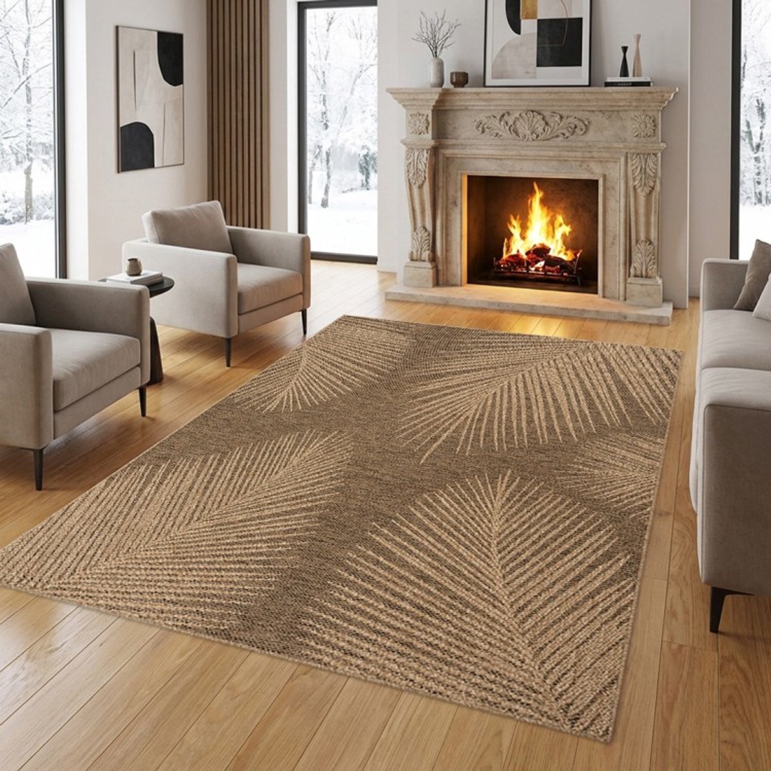 TapisTrend Designer tapijt Naturel 140x200 cm Modern, natuurlijk vloerkleed Jute met een palmbladpatroon en gevlochten effect voor de woonkamer, slaapkamer en eetkamer