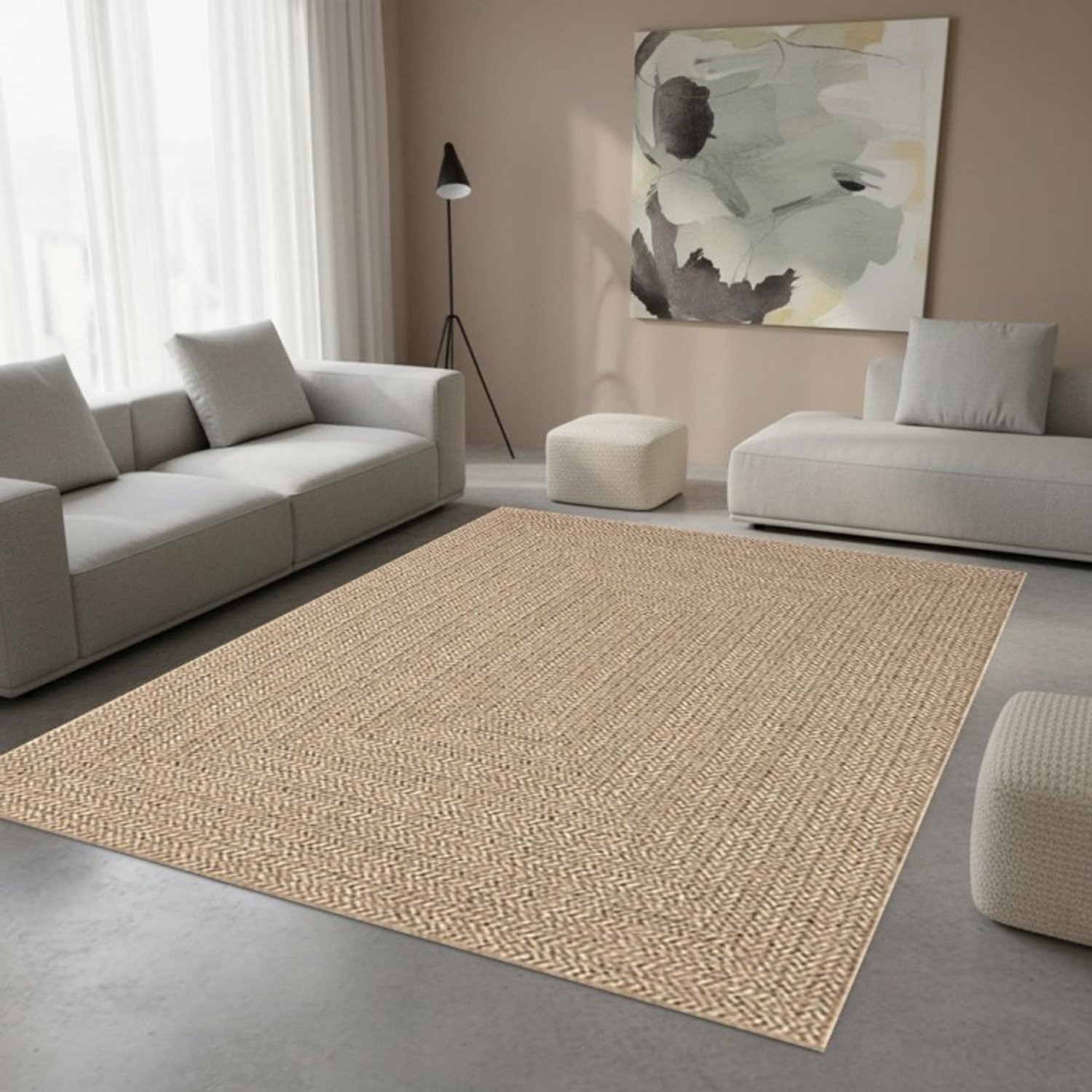 TapisTrend Designer tapijt Naturel 200x290 cm Modern vloerkleed Jute met gevlochten effect en concentrische geometrische vormen voor woonkamer, slaapkamer en eetkamer