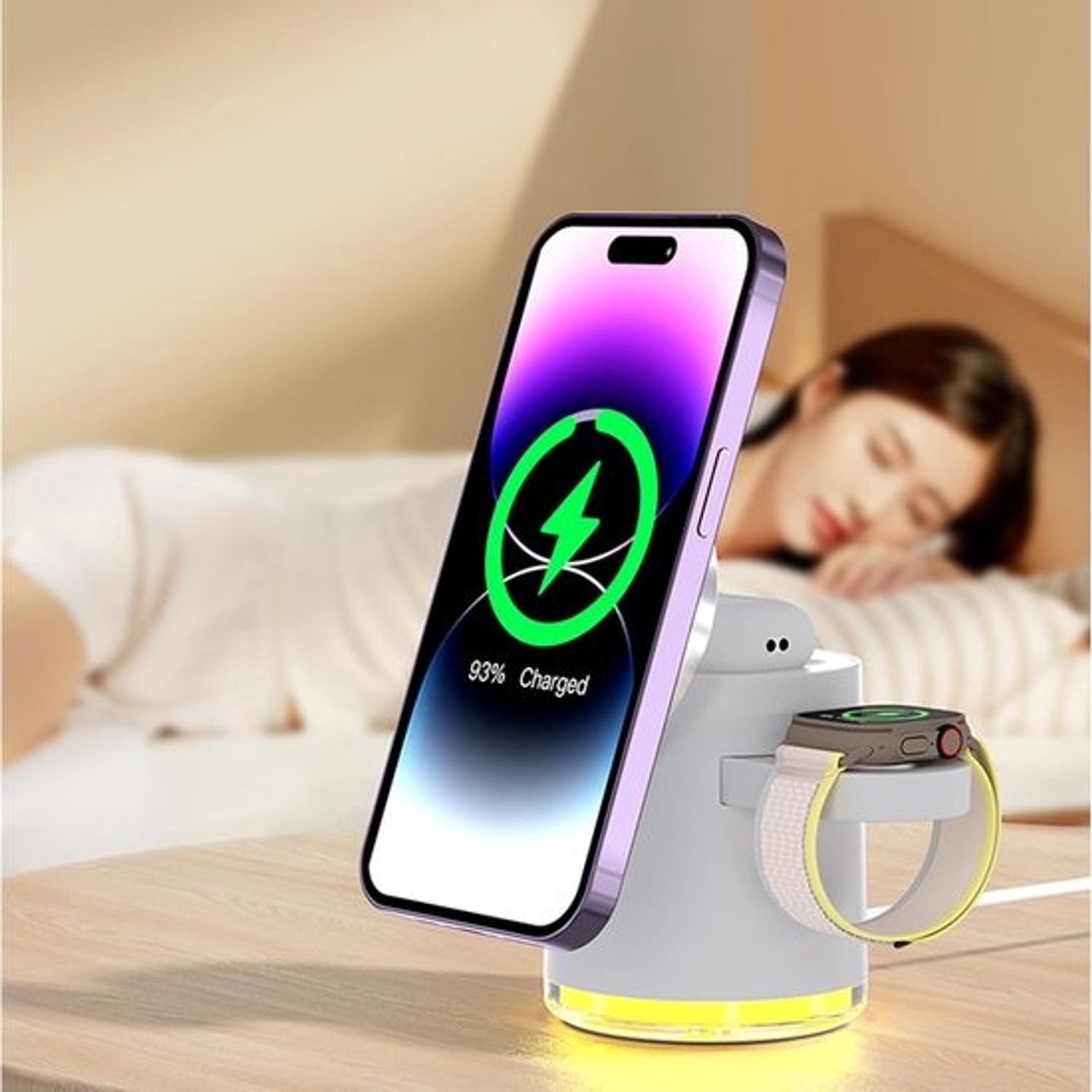Oplaadstation 3-in-1 - Oplader Dock - Apparaten Opladen - Met LED Verlichting - 15W Snel Opladen - Zwart