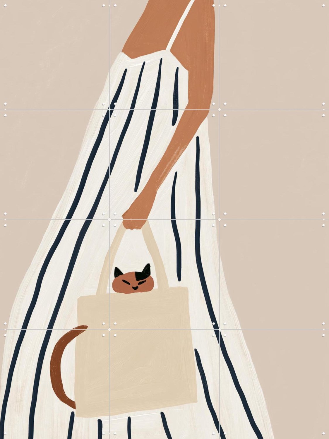 IXXI Cat In The Bag, Atelier Pommeline - 60 x 80 cm - Grote wanddecoratie en posters - Minimalisme, Modern, Illustraties, Gang, Woonkamer, Slaapkamer Wit / Beige