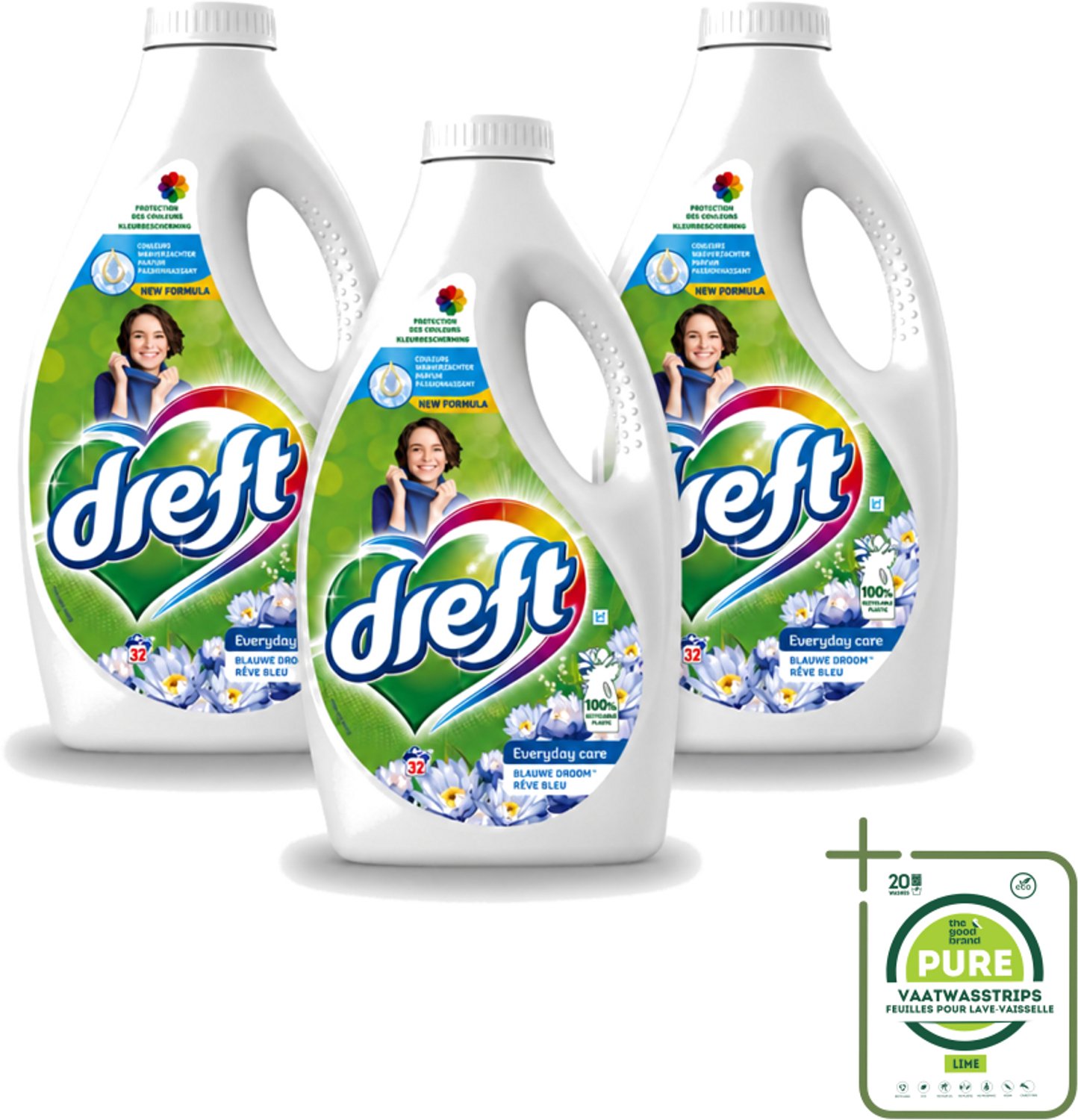 3 x Dreft – Vloeibaar Wasmiddel – Blue Dream – 32 Wasbeurten - Grootverpakking - Vaatwasstrips - Wasmiddel - Vloeibaar Wasmiddel - Blue Dream - Vlekverwijdering - Kleding Reinigen