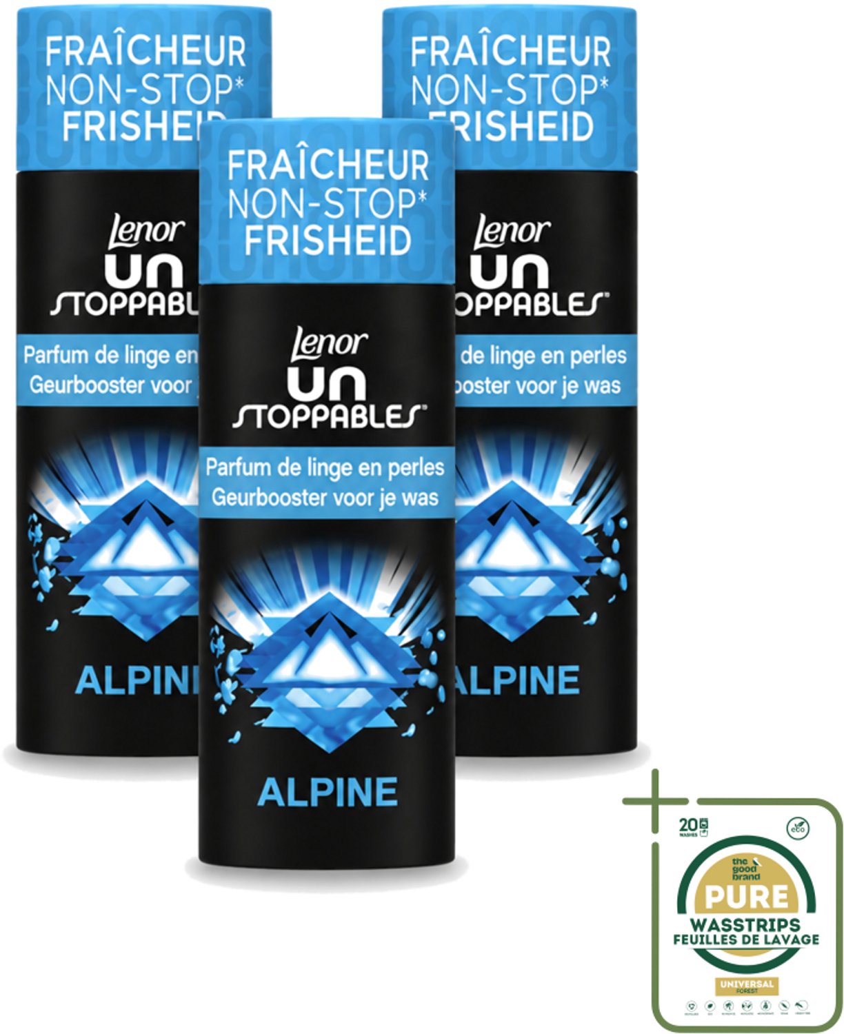 3 x Lenor Unstoppables – Geurbooster – Alpine – 19 Wasbeurten – 235 g - Wasstrips - Geurbooster Wasgoed - Frisheid Wasgoed - Citrus Geur - Bloemen Geur - Kruiden Geur