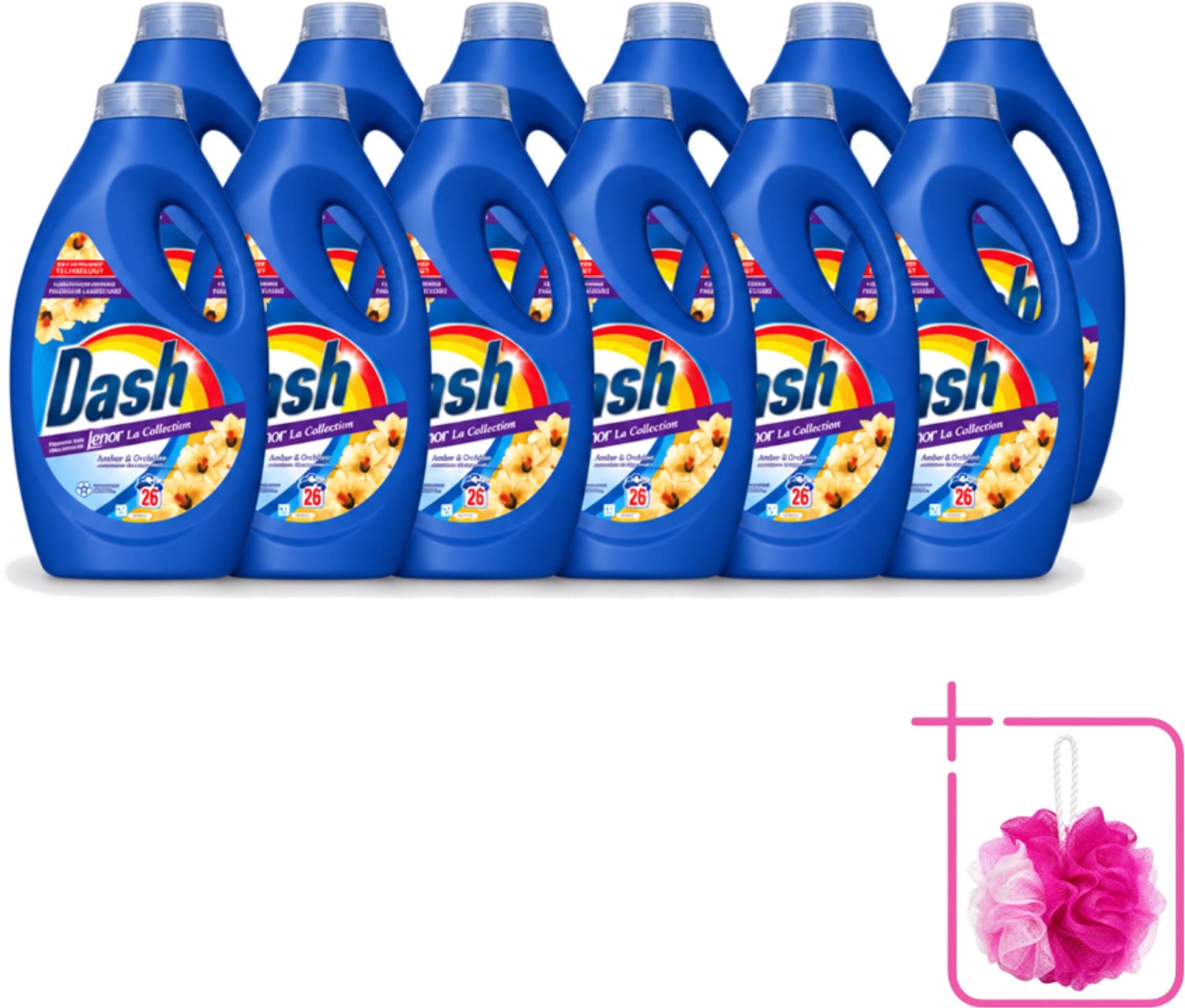 12 x Dash - Lenor Collectie - Vloeibaar Wasmiddel - Witte en Gekleurde Was - Amber & Orchidee - 26 Wasbeurten - Bulkverpakking - Vloeibaar wasmiddel - Douchemop - Frisheid