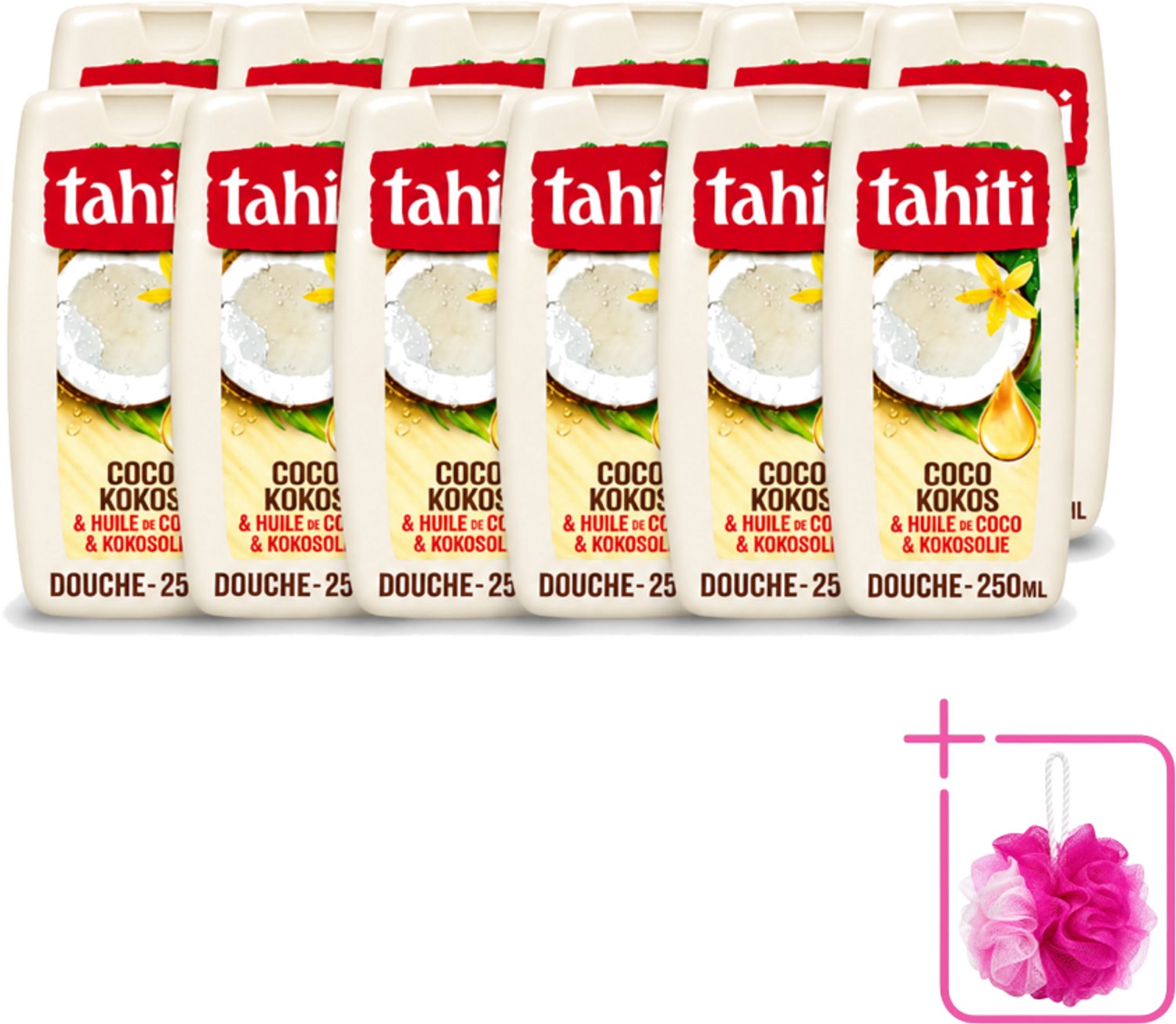 12 x Tahiti - Douchegel - Kokos & Kokosolie - Hydraterend - 250 ml - Bulkverpakking - Douchegel kokos - Douchemop - Kokosolie douchegel