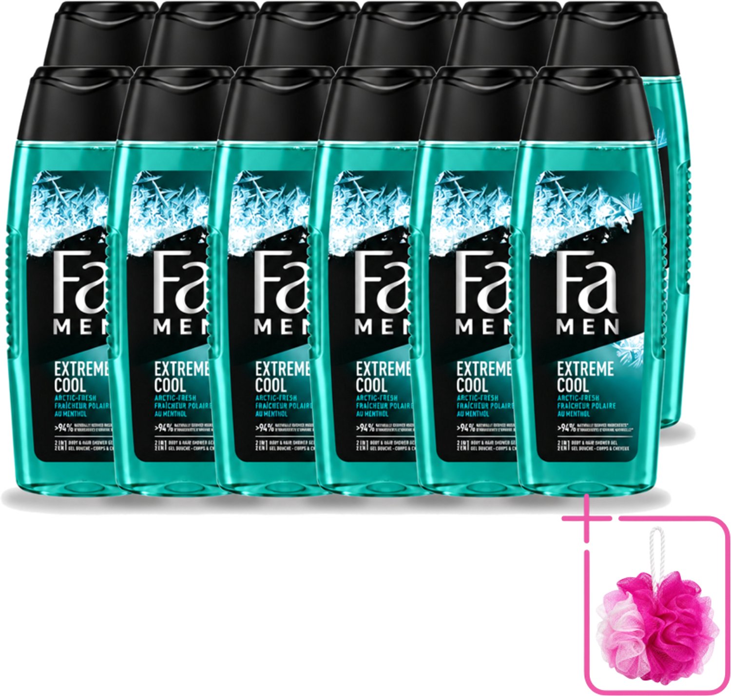 12 x Fa Men - Extreme Cool - 2 in 1 Douchegel & Shampoo - Menthol - 250 ml - Bulkverpakking - Douchegel en shampoo - Douchemop - Menthol