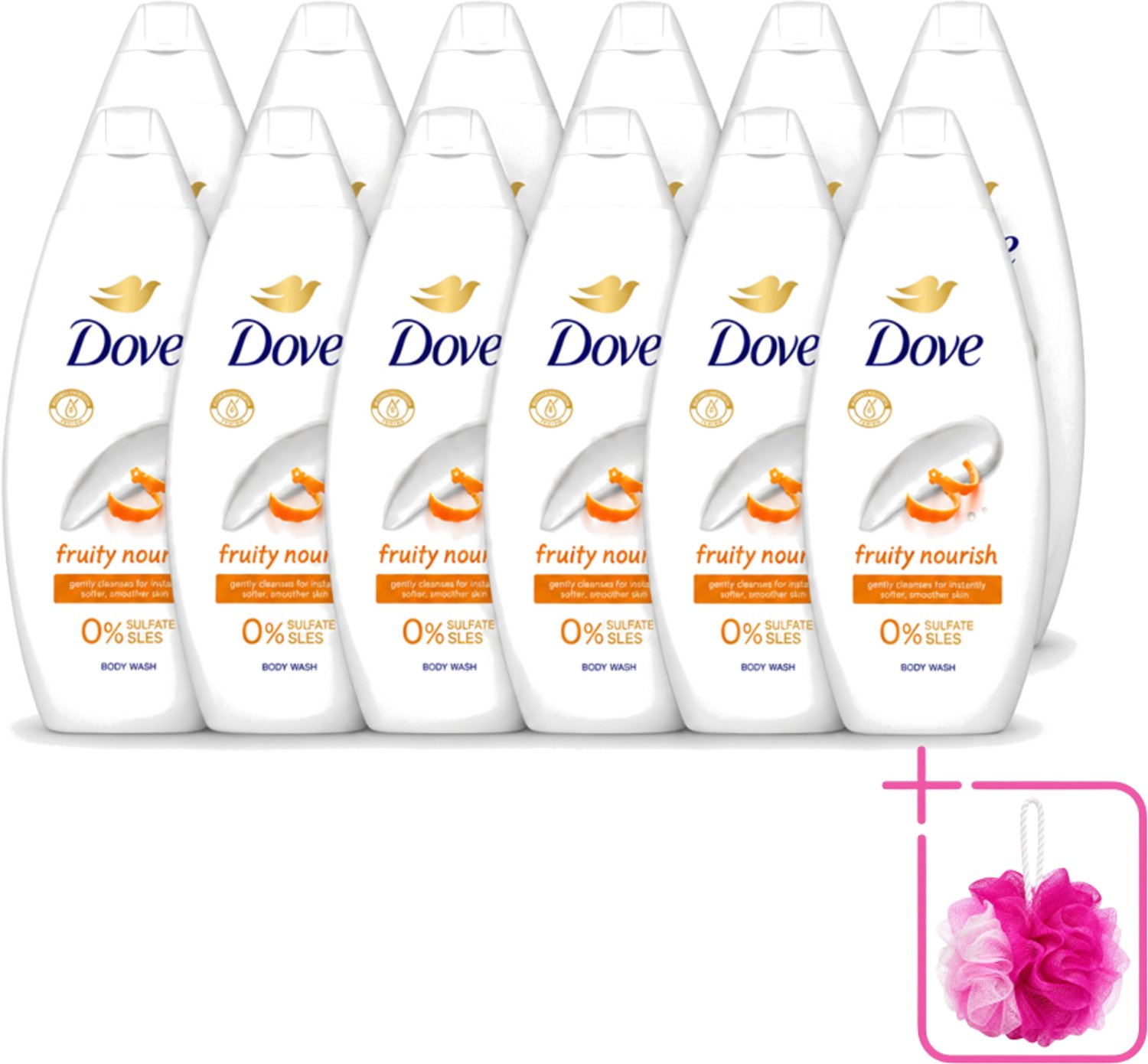 12 x Dove Fruity Nourish - Douchegel - Sulfaatvrij - 250 ml - Bulkverpakking - Douchegel - Douchemop - Voedende douchegel