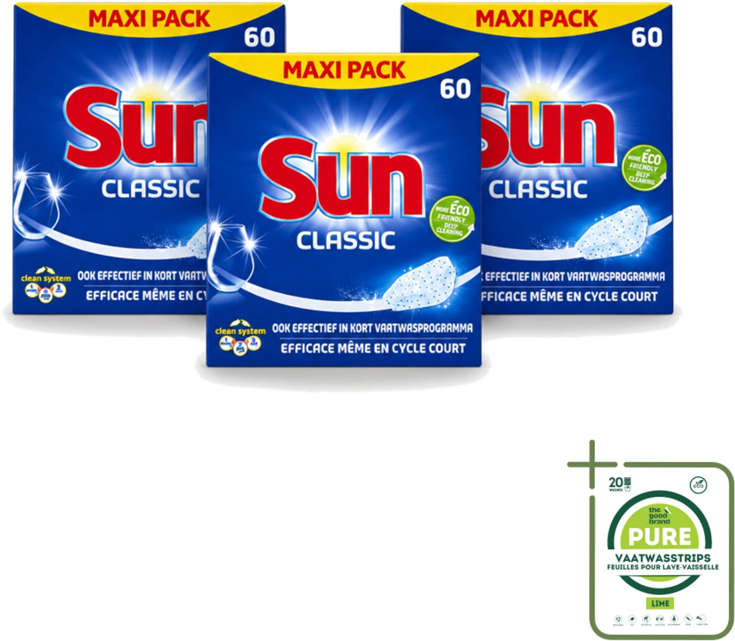 3 x Sun Classic - Vaatwastabletten - Eco - Voordeelverpakking - 60 Tabletten - Grootverpakking - Vaatwasstrips - Vaatwastabletten - Vaatwasser - Reiniging - Vaatwasmiddel - Eco-formule
