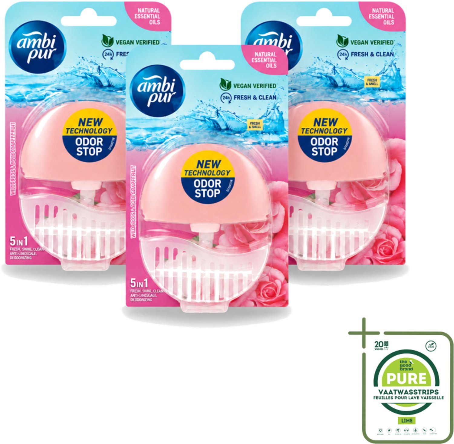 3 x Ambi Pur - Toiletblok - 5in1- Wilde Roos & Roze Grapefruit - 1 Blok - Grootverpakking - Vaatwasstrips - Toilet - Toiletblok - Frisheid - Super Shine - Anti-kalk