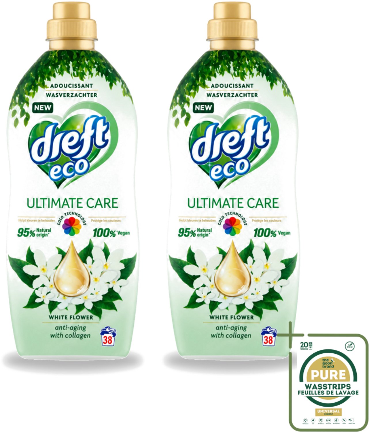 2 x Dreft ECO - Wasverzachter - Gekleurde Was - Witte Bloem - Anti-Veroudering - 38 Wasbeurten - Wasstrips - Wasverzachter - Anti-aging - Kleurbescherming - Collageen - Wasgoed Verzorgen