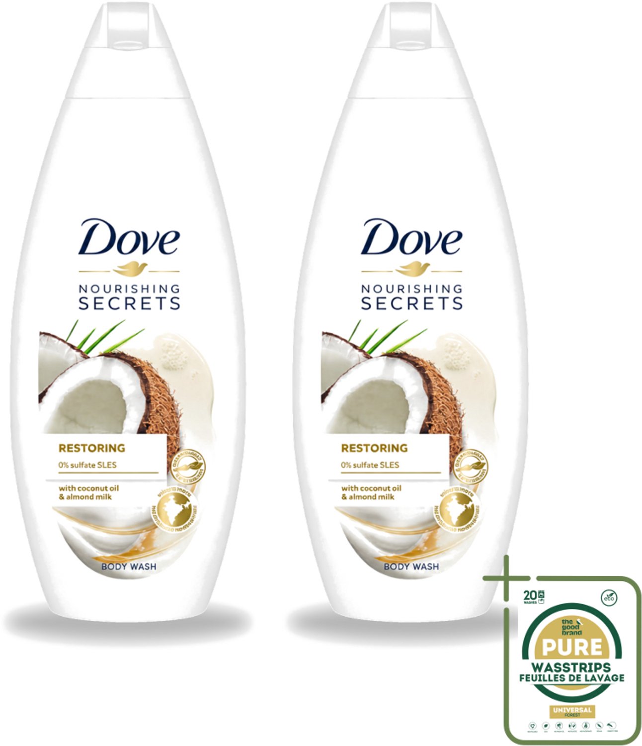 2 x Dove Nourishing Secrets - Douchegel - Kokosolie & Amandel melk - Sulfaatvrij - 250 ml - Wasstrips - Douchegel - Kokosolie - Amandelmelk - Natuurlijke Verzorging - Sulfaatvrije Douchegel