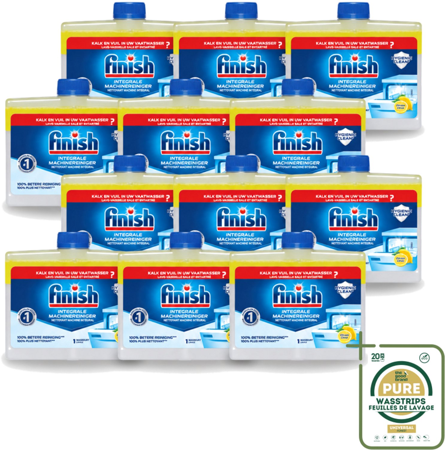 12 x Finish - Integrale Machinereiniger - Hygienic Clean - Anti-Kalk & Anti-Vuil - Citroen - 250ml - Wasstrips - Vaatwasmachinereiniger - Vaatwasmachine Reinigen - Kalkverwijderen - Vetverwijderen - Vaatwasser Reinigen