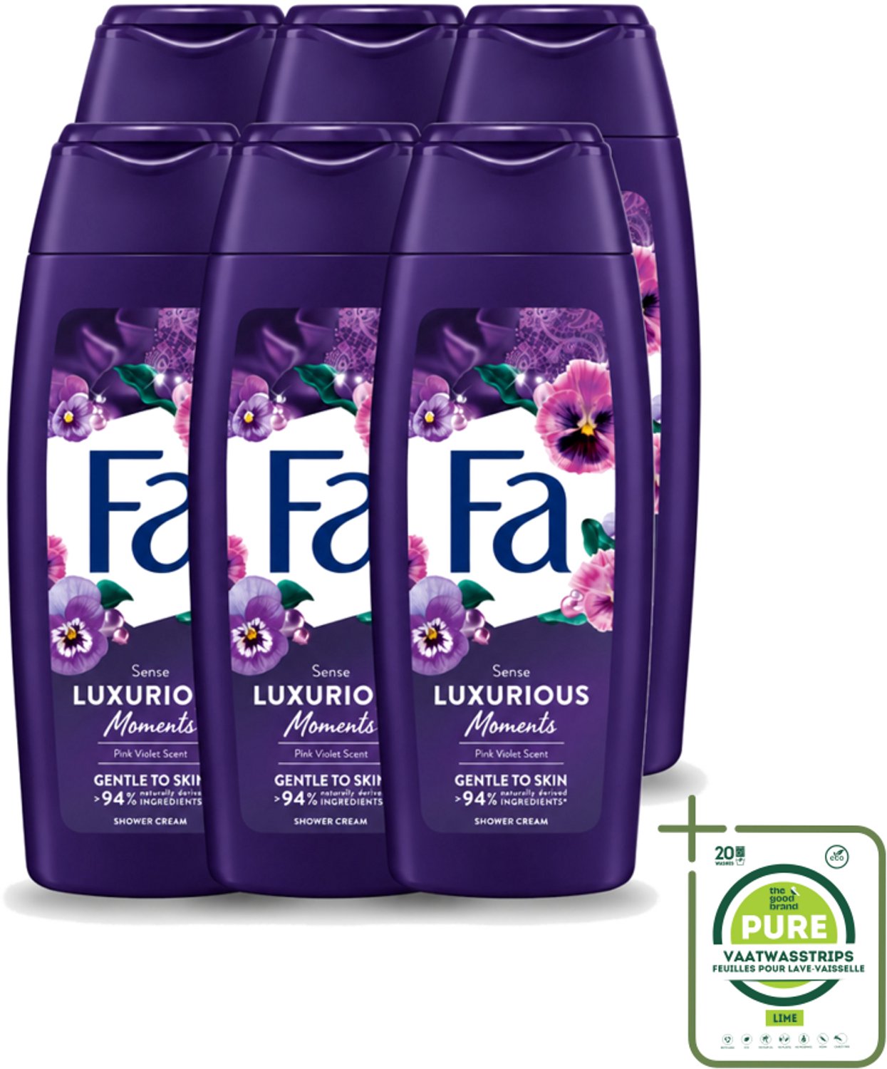 6 x Fa - Luxurious Moments - Douchecrème - Roze Viooltjes - 250 ml - Grootverpakking - Vaatwasstrips - Douchecrème - Roze Viooltjes - Luxe Douchecrème - Huidverzorging - Geur Van Roze Viooltjes