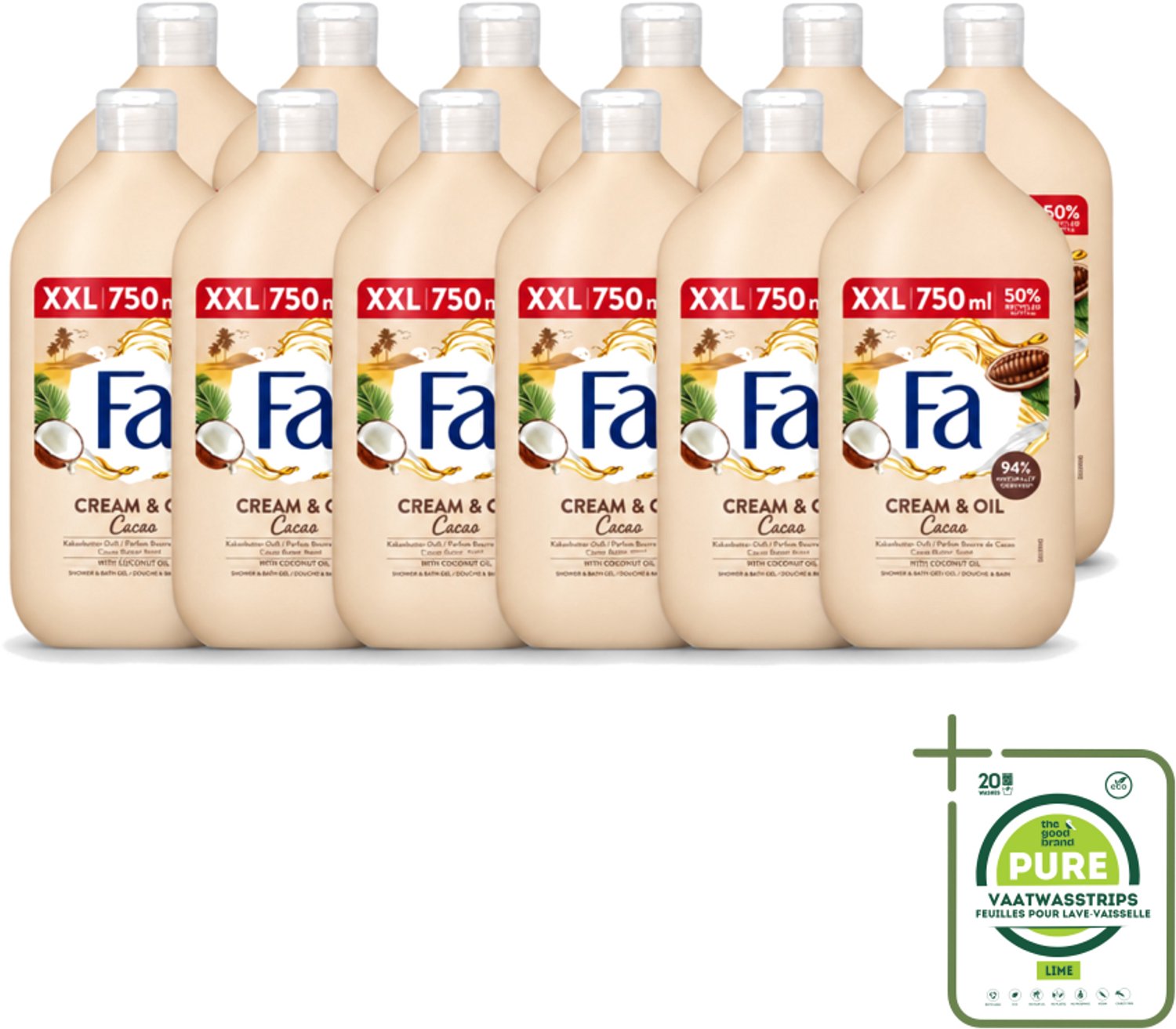 12 x Fa - Cream & Oil Cacao - Bad- & Douchegel - Cacaoboter Met Kokosolie - 750 ml - Grootverpakking - Vaatwasstrips - Bad En Douche Gel - Cacaoboter - Kokosolie - Huid Verzorging - Hydraterende Gel