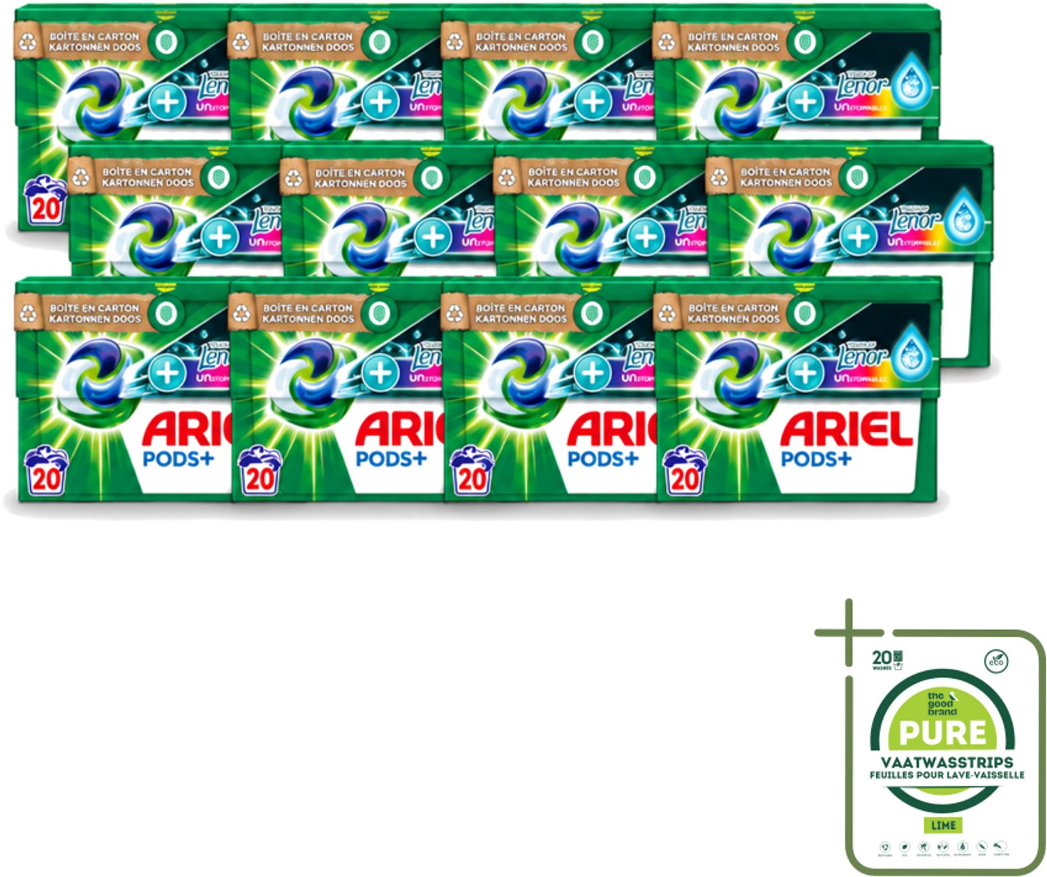 12 x Ariel Original - Touch of Lenor Unstoppables - Wasmiddelcapsules - Pods+ - Gekleurde Was - 20 Wasbeurten - Grootverpakking - Vaatwasstrips - Wasmiddel Capsules - Gekleurde Was - Frisse Geur - Koud Water Was - Vlekverwijdering