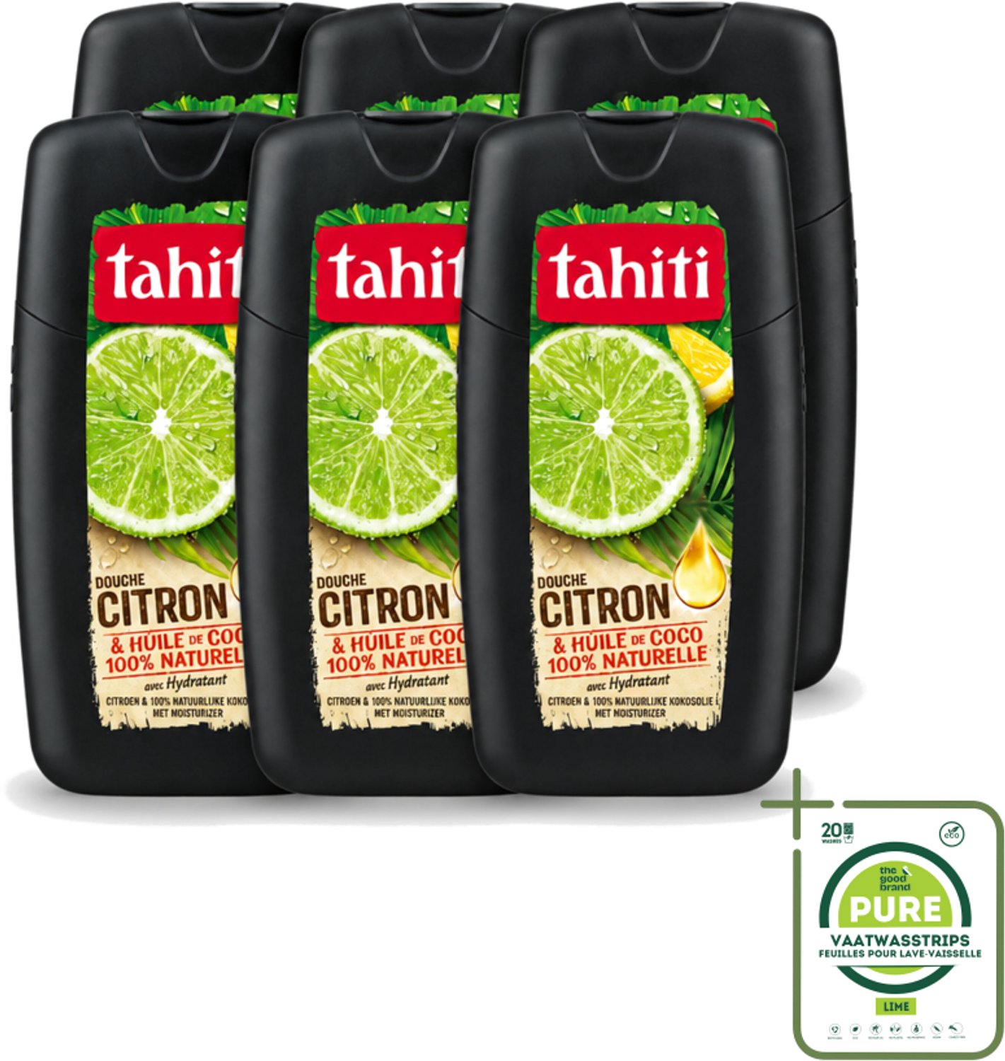 6 x Tahiti - Douchegel - Citroen & Kokosolie - Hydraterend - 250 ml - Grootverpakking - Vaatwasstrips - Douchegel Citroen Kokosolie - Hydraterende Douchegel - Citroengeur Douchegel - Kokosolie Douchegel - Natuurlijke Douchegel