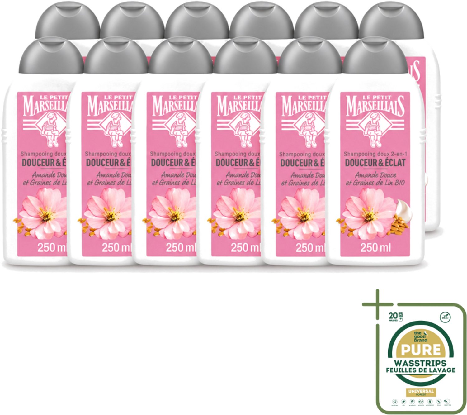 12 x Le Petit Marseillais – Shampoo – Amande Douce & Graines de Lin Bio – 250 ml - Wasstrips - Shampoo Amande Douce - Shampoo Linzaad - Shampoo Bio - Shampoo Voor Fijn Haar - Shampoo Voor Normaal Haar