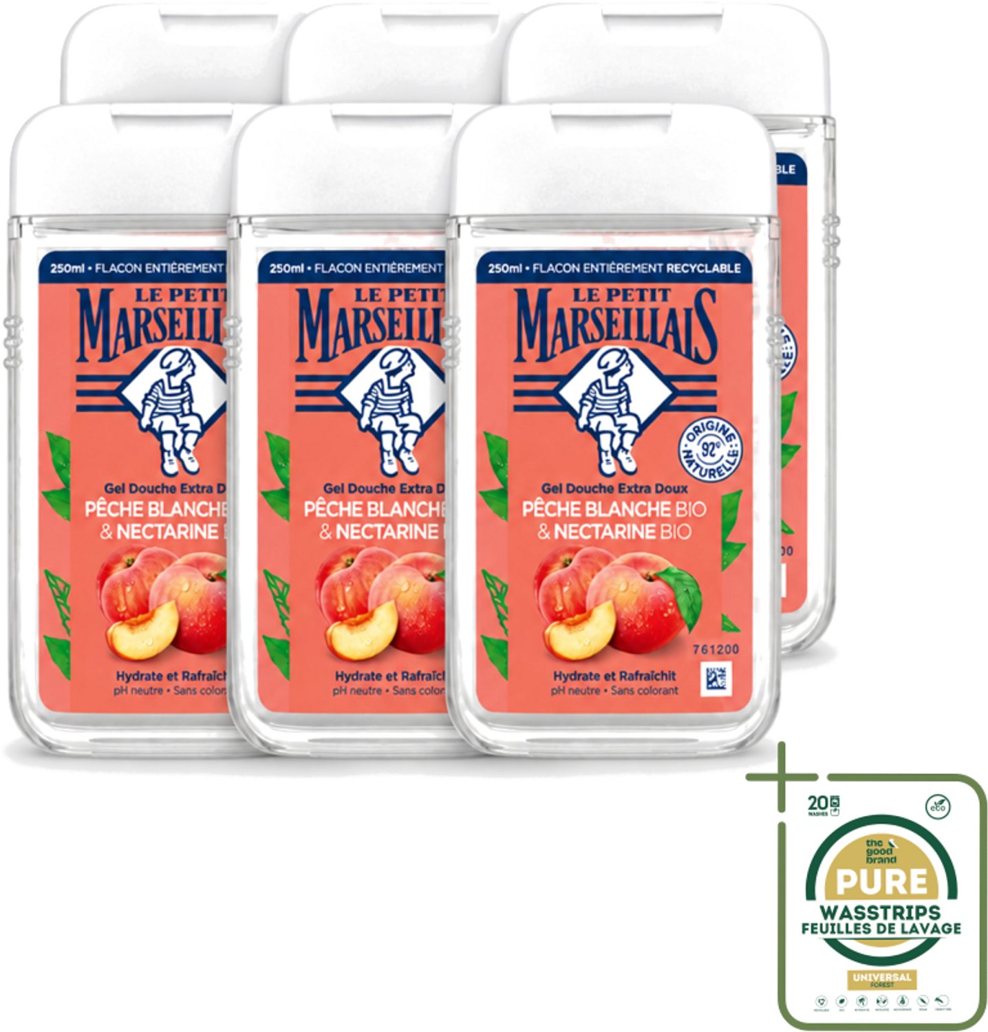6 x Le Petit Marseillais – Douchegel – Pêche Blanche & Nectarine Bio – 250 ml - Wasstrips - Douchegel - Biologische Douchegel - Perzik En Nectarine - Fruitige Geur - Zachte Reiniging